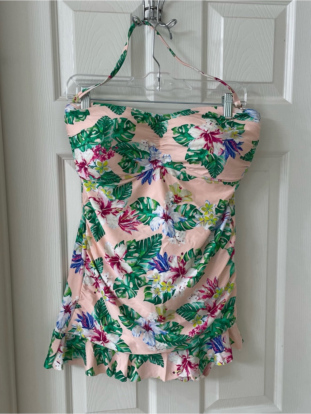 Peach Tropical Floral Strapless Swimdress with Halter Tie